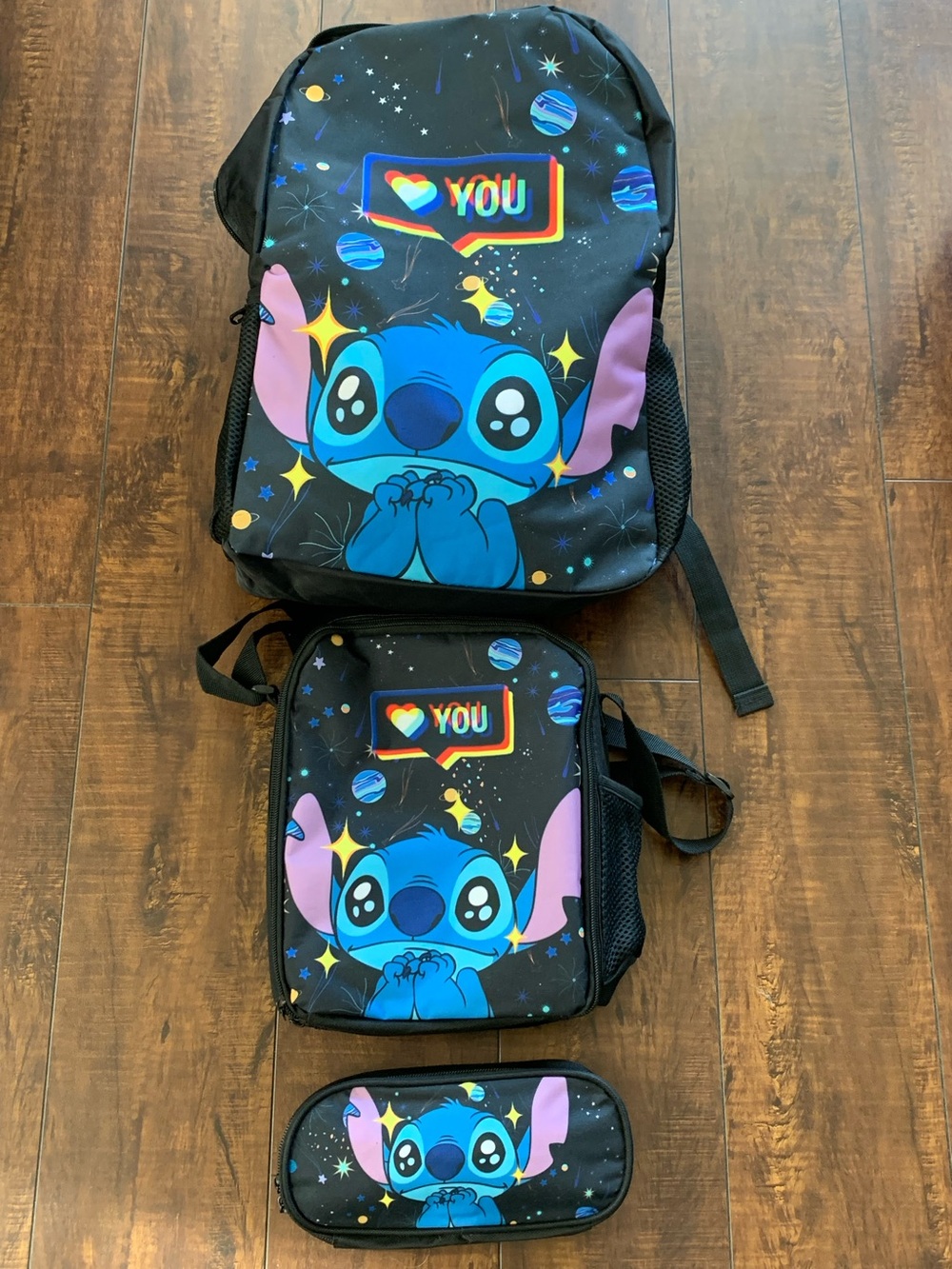 Stitch Space Backpack, Lunch Bag & Pencil Case - Black, Blue, Pink